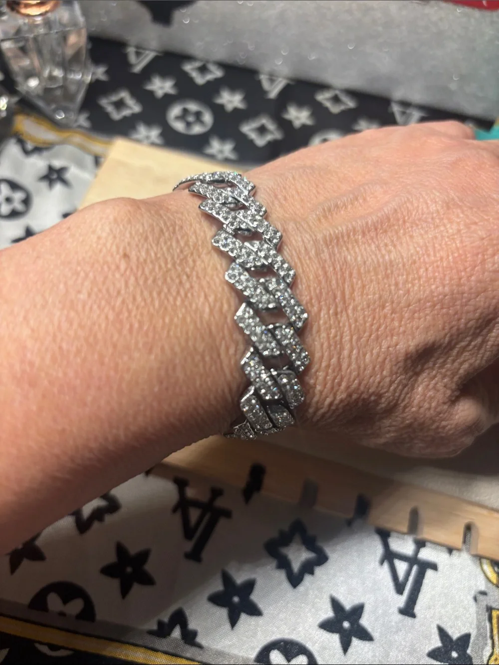 8”Men's Silver-Tone Paved Cuban Link Bracelet with Clear Crystals